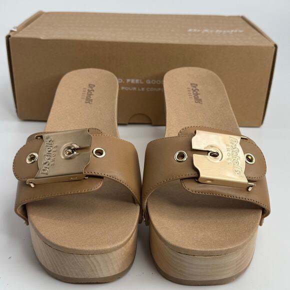 NEW Dr. Scholls Original Life Slide Sandals Size 9 Warm Tan Leather Wedge Heels - Picture 3 of 8